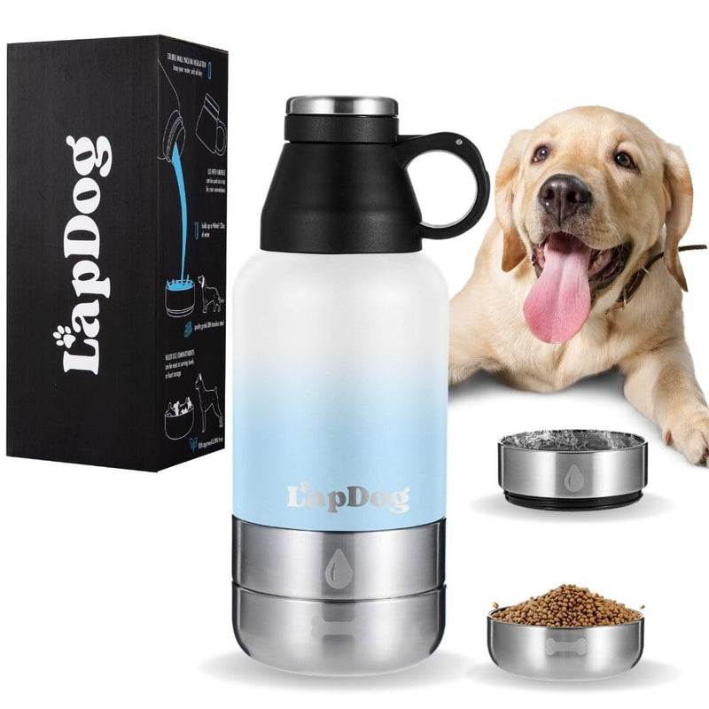 Lapdog Portable Dog Water Bottle & Food Bowls, All-in-One Accessories for Walking, Hiking, Beach- Double Walled, Insulated, Stainless Steel Water Dispenser (White/Powder Blue, without Neoprene Bag) White/Powder Blue - BeesActive Australia
