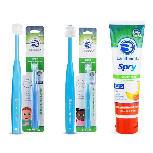 Brilliant Oral Care Bundle; Pack of 1 Baby Toothbrush, Child Toothbrush with Soft Bristles and Round Head & Pack of 1 Kids Fluoride Free Toothpaste, Spry Gel with Xylitol, Strawberry Banana Flavor