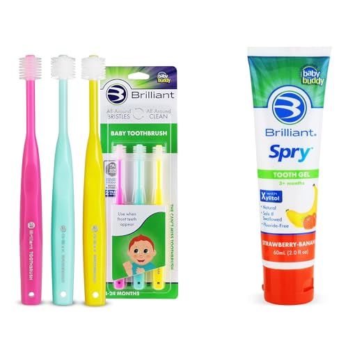 Brilliant Oral Care Bundle; Pack of 3 Baby Toothbrush with Soft Bristles and Round Head - Pink Mint Yellow & Pack of 1 Kids Fluoride Free Toothpaste, Spry Gel with Xylitol, Strawberry Banana Flavor