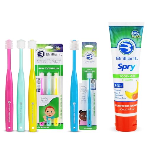 Brilliant Oral Care Bundle; 3 Pack Baby Toothbrush Pink Mint Yellow, 1 Pack Child Toothbrush - Sky Bllue with Soft Bristles Round Head & Kids Fluoride Free Toothpaste, 1 Pack Spry Gel with Xylitol
