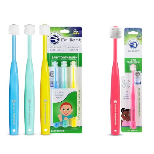 Brilliant Oral Care Bundle; 3 Pack of Baby Toothbrush - Blue Mint Yellow & 1 Pack of Child Toothbrush - Pink with Soft Bristles and Round Head
