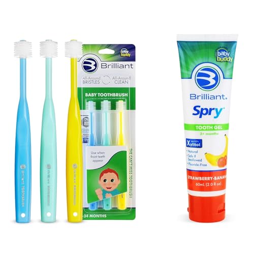 Brilliant Oral Care Bundle; Pack of 3 Baby Toothbrush with Soft Bristles Round Head - Blue Mint Yellow & Pack of 1 Kids Fluoride Free Toothpaste, Spry Gel with Xylitol, Strawberry Banana