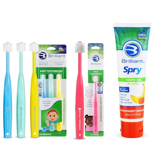 Brilliant Oral Care Bundle; 3 Pack of Baby Toothbrush - Blue Mint Yellow, 1 Pack of Child Toothbrush - Pink with Soft Bristles Round Head, Kids Fluoride Free Toothpaste, Spry Gel with Xylitol