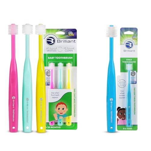 Brilliant Baby and Child Toothbrush Bundle, Pink Mint Yellow, 4 Pack