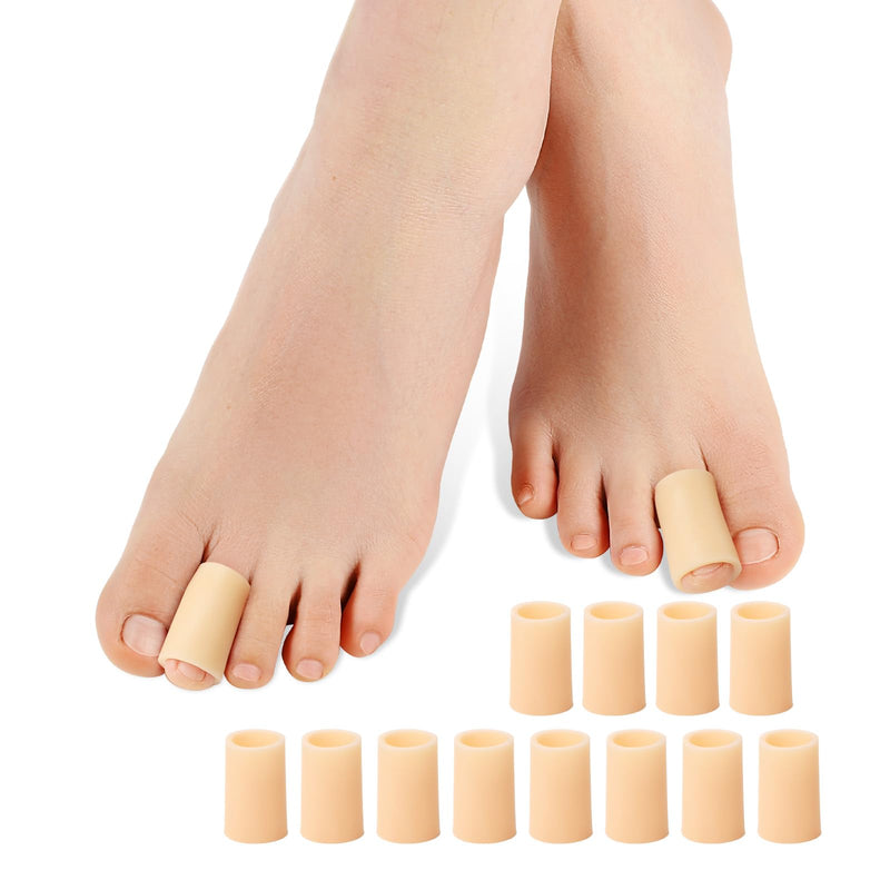 Povihome Toe Sleeves, Toe Protectors, 12 Pack Toe Tube Pads for Hammer Toe,Stubbed Toe,Corns, Calluses Protect (Medium Size, Beige) Medium Size