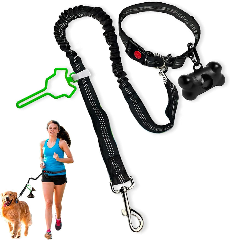 Hands Free Dog Leash with Bag Dispenser, Waste Bag Holder Clip (Black), Standard Black - BeesActive Australia