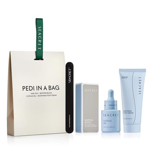 SEACRET Dead Sea Pedicure Set - At Home Foot Spa Kit for Cracked Heels & Dry Feet - 4-Piece Pedi Kit with Full-Size Foot Cream, Cuticle Oil, Buffer & File - Spa Gift Set for Women