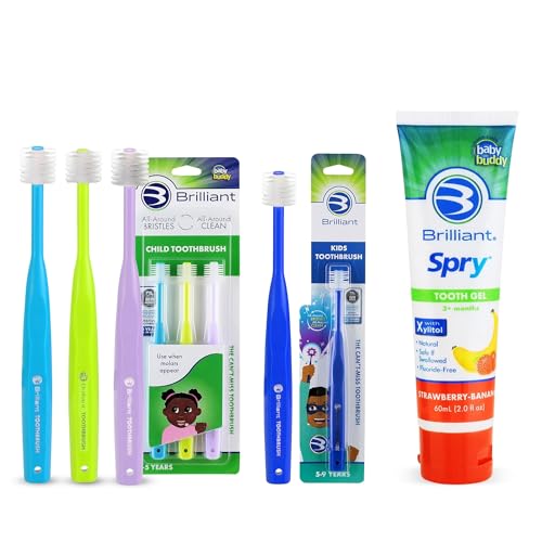 Brilliant Oral Care Bundle; 3 Pack of Child Toothbrush - Blue Lime Lilac, 1 Pack of Kids Toothbrush - Royal Blue with Soft Bristles Round Head, Kids Fluoride Free Toothpaste, Spry Gel with Xylitol