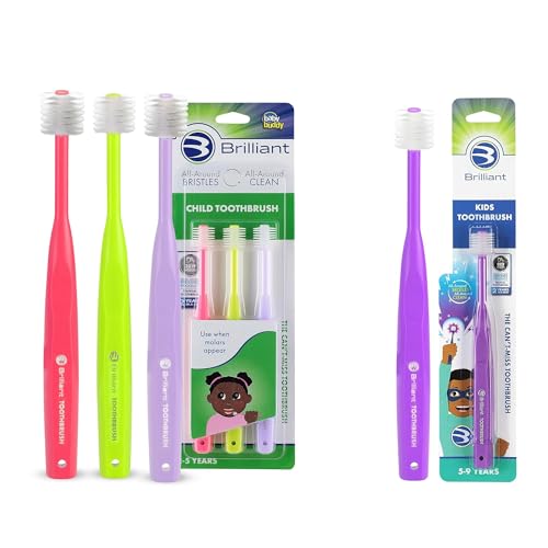 Brilliant Oral Care Bundle; Pack of 3 Child Toothbrush- Pink Lime Lilac & Pack of 1 Kids Toothbrush - Purple with Soft Bristles Round Head