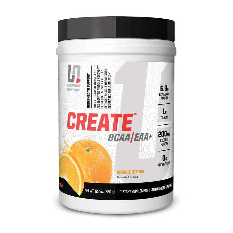 Undefined Nutrition Create BCAA/EAA+ by Brian Shaw -Muscle Recovery & Endurance, 6.8g BCAA/EAA Matrix -Full Spectrum BCAA + Essential Amino Acids Supplement – 30 Servings (127 oz, Orange Citrus) 12.7 Ounce (Pack of 1)