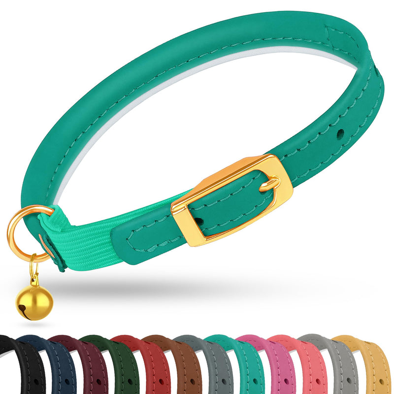 OOPSDOGGY Rolled Leather Cat Collar with Bell - Reflective Kitten Collar with Safety Elastic Strap - Adjustable Small Pet Collars for Boy Girl Cats (Teal) Teal - BeesActive Australia