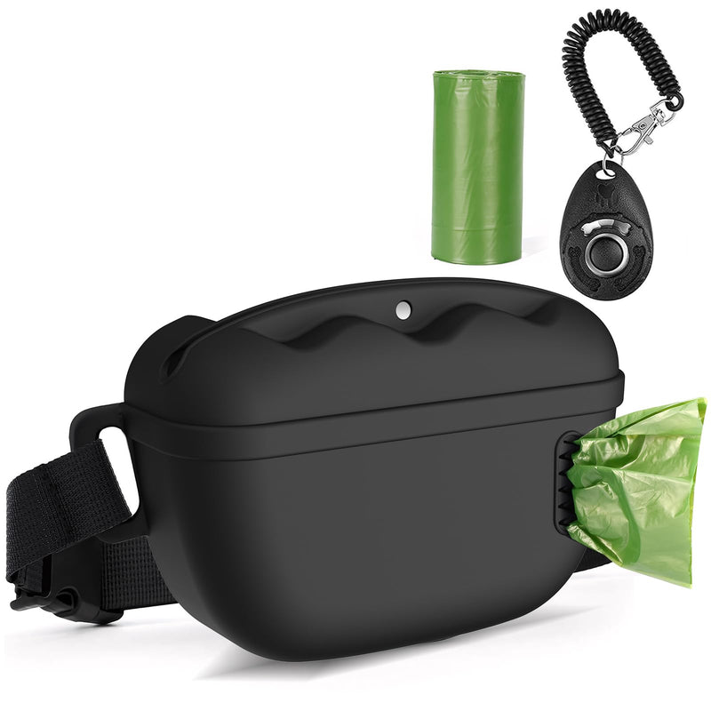 VIWIK 3 in 1 Dog Treat Pouch with Dog Waste Bag Dispenser & Training Clicker, Silicone Treat Bag with Waist Belt for Pet Training, Stronger Magnetic Closure Dog Training Treat Pouch for Walking Black - BeesActive Australia