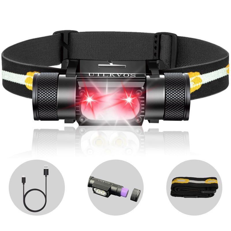 UTLKVOS Rechargeable Camping Headlamp with Red Light,Ultra Bright 1420 High Lumen Head Flashlight,IPx66 Waterproof,10 Lighting Modes, Lightweight Comfortable Headlamp for Hiking,Running,Hunting 1420 Lumens(White+Red)