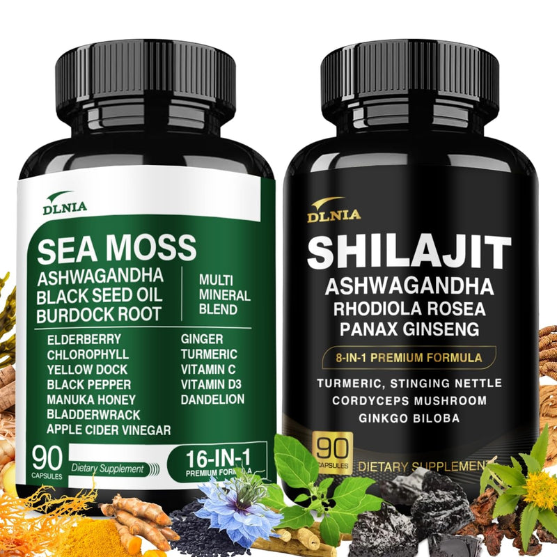 Shilajit 9000mg, Sea Moss 17500mg, Ginger & Black Seed Oil 4000mg, Ashwagandha 5000mg, Rhodiola Rosea, 1000mg Panax Ginseng 1500mg, All in 1 Supplement - Sea Moss & Shilajit Vitality Bundle - BeesActive Australia