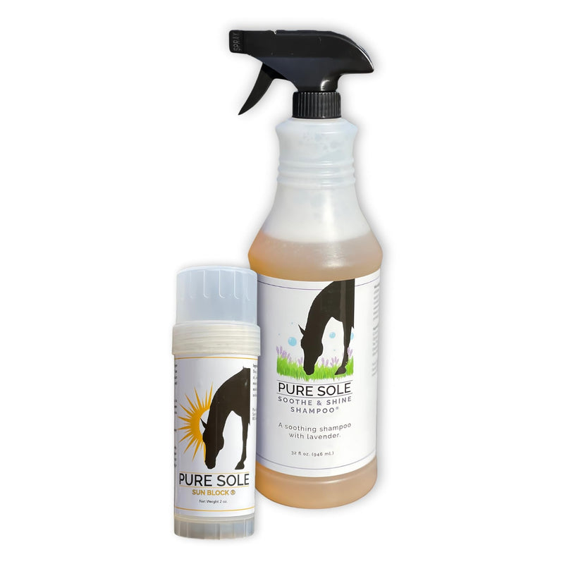 Sunscreen and Shampoo for Horses - Pure Sole All Natural Sunscreen in 2 oz. Push Up Stick and Soothe and Shine Shampoo in 32 oz. Bottle Bundle - BeesActive Australia