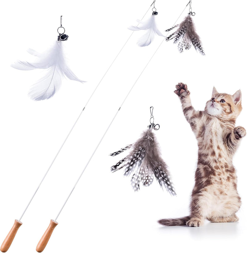 Cat Park Cat Wand Toys for Indoor Cats - 2PCS Interactive Cat Toy Wand with 4 Cat Feather Toys Refills, 27" Flexible Steel Wire, Sturdy Wood Handle & Bell, Fun Kitten or Cat Teaser Toy to Play, Chase - BeesActive Australia