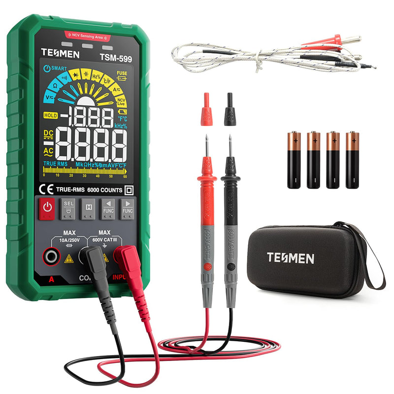TSM-599 Smart Digital Multimeter, TRMS 6000 Counts, Voltage Tester, Volt Meter with NCV, DC/AC Voltage&Current, Resistance, Continuity, Diode, Capacitance, Hz%, Temperature, Live Wire - Green TSM-599 Auto&Manual Dual Multimeter - BeesActive Australia