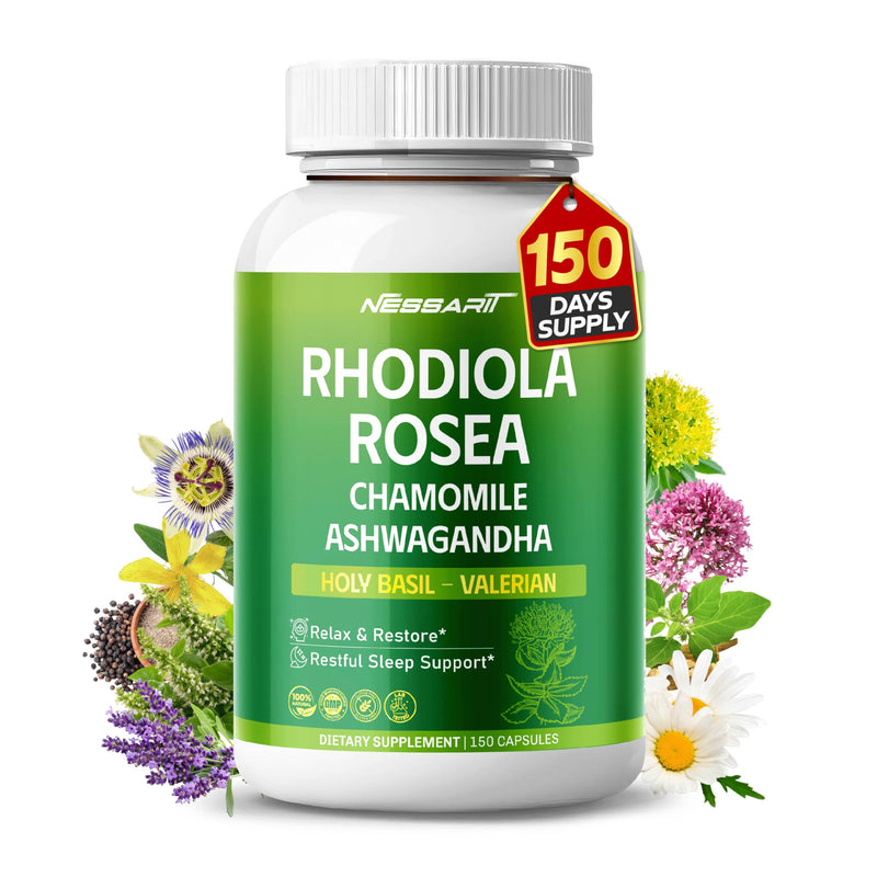 RHODIOLA ROSEA Supplement- 11-in-1 Natural Blend with Chamomile L-Theanine Ashwagandha Holy Basil Valerian Passionflower - 150 Count - Made & Tested in The USA 150 count (pack of 1) - BeesActive Australia