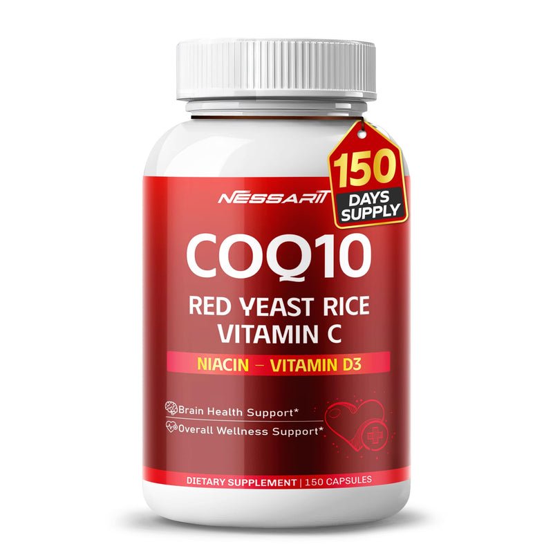 COQ10 + Red Yeast Rice Supplement - 10-in-1 Natural Blend with Omega 3 Vitamin B3, K2, D3, Zinc Milk Thistle Black Pepper - 150 Count 150 count (pack of 1)