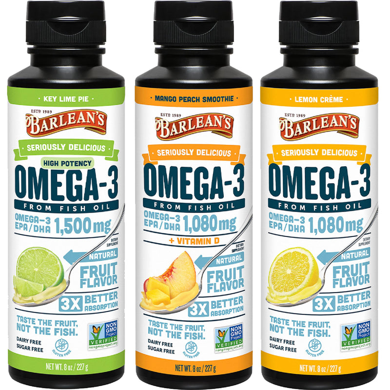 Barlean's Omega-3 Fish Oil Liquid, 1500mg EPA & DHA, Variety Pack, 8oz | Wild-caught, EPA DHA omega-3, 3 flavors, Burpless, Non-GMO, Gluten-free, Supports heart, brain, eye & immune health 8 Fl Oz (Pack of 3)