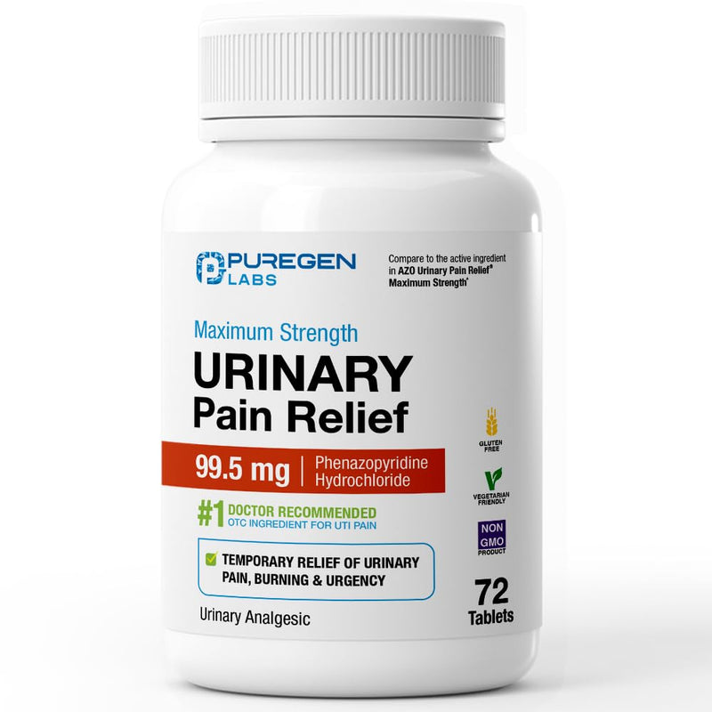 Puregen Labs Urinary Pain Relief | Phenazopyridine HCl 99.5mg Tablets | Maximum Strength OTC for Fast Relief of UTI Pain, Burning and Bladder discomfort – 72 Count Tablets - BeesActive Australia