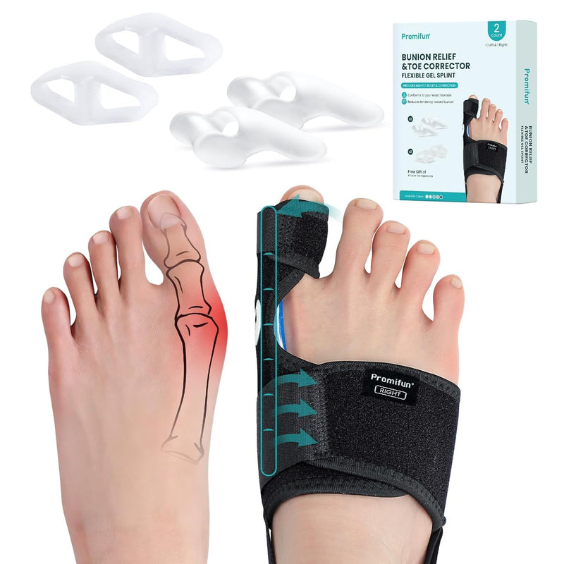 Promifun Bunion Corrector for Women & Men - 1 Pair Adjustable Toe Splint for Broken Toe - Pain Relief Support Brace & Straightener with Non-Slip Strap(Black) Black