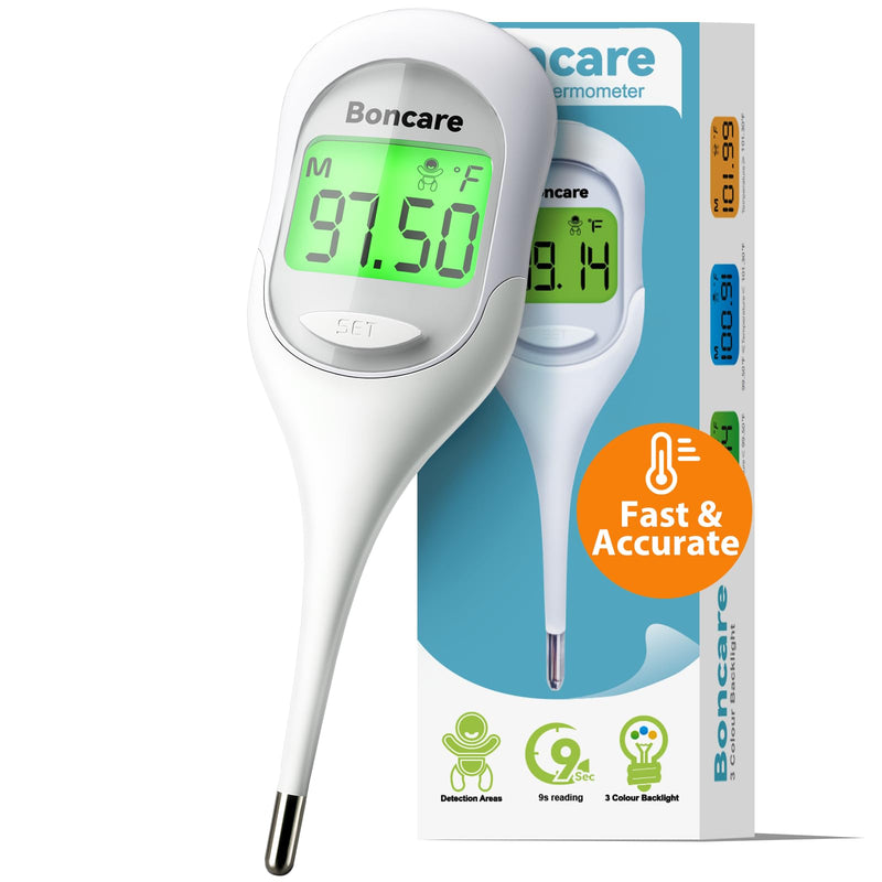 Boncare 9 Seconds Basal Body Thermometer for Ovulation, Oral Thermometer for Adults and Kids - Accurate Rectal Thermometer, with Fever Alarm and Large Display (Rice-White) White - BeesActive Australia