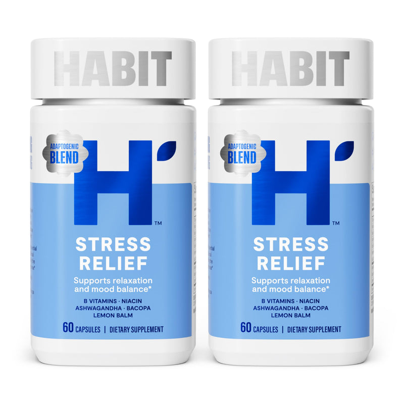 Habit Stress Relief Supplement 2 Pack (120 Capsules) - New Look, Supports Relaxation & Mood Balance, Vitamin B, Adaptogens, Lemon Balm, Calming, Vegan, Non-GMO Dual Pack