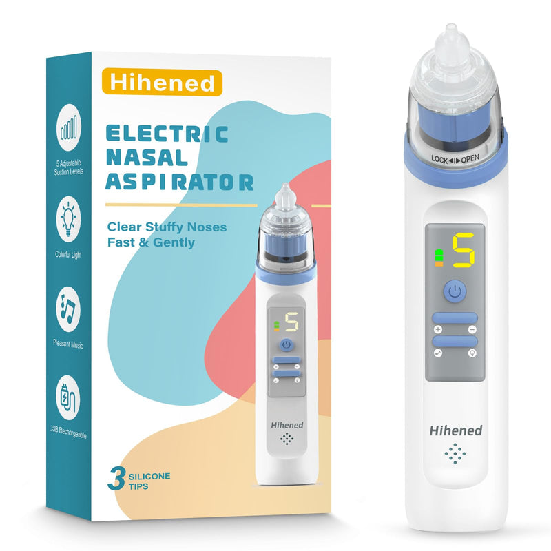 Electric Nasal Aspirator for Baby, Nose Aspirator for Toddlers, Rechargeable Baby Nose Sucker, Nose Cleaner with 3 Silicone Tips, 5 Suction Levels, Music and Light Soothing Function，Blue Blue
