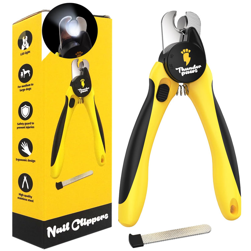 LED Dog Nail Clippers with Light, Trimmers with Protective Guard, Quick Sensor, Safety Lock and Nail File - Suitable for Large and Small Dogs & Cats (Yellow, LED) Medium-Large (LED) Yellow - BeesActive Australia