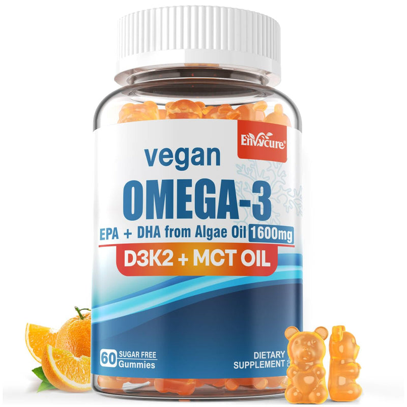 Vegan Omega 3 Gummies 1280mg + Vitamin D3 K2 (MK7) for Women Men, 1 Pack | Omega 3 Fish Oil Alternative, w/EPA 600mg & DHA 400mg, MCT Oil, No Fish Taste, for Brain, Eye, Immune Health, Sugar Free 60 Count (Pack of 1)