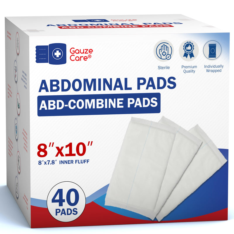 GauzeCare Sterile Abdominal- ABD Combine Pads| 40-Pack, 8x10 Inches| Extra Absorbent & Thick, Individually Wrapped Wound Dressing, First Aid Pads| Surgical-Grade, Nonstick- for Heavy Leakage, Post Op 8"x10" (40 Pads)