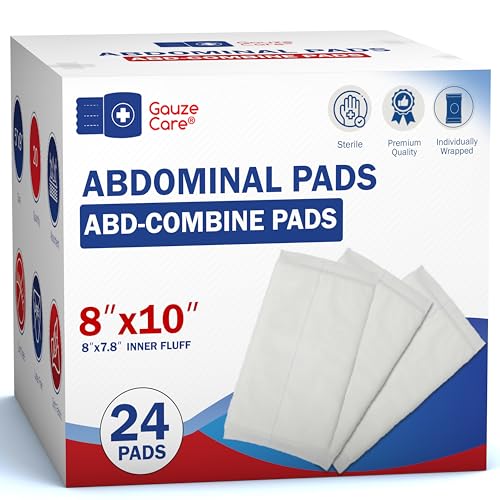 GauzeCare Sterile Abdominal- ABD Combine Pads| 24-Pack, 8x10 Inches| Extra Absorbent & Thick, Individually Wrapped Wound Dressing, First Aid Pads| Surgical-Grade, Nonstick- for Heavy Leakage, Post Op 8"x10" (24 Pads)