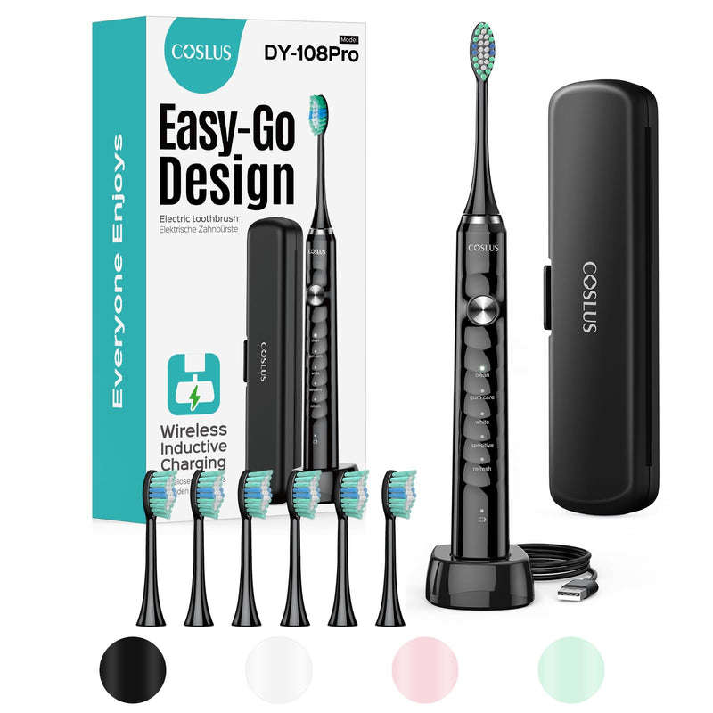 COSLUS Sonic Electric Toothbrush for Adults: 47000 VPM for Deep Cleaning & Whitening with Travel Case - 5 Modes for Sensitive Teeth & Braces, Wireless Charging, 6 Brush Heads for Home Family, Black 1 Count (Pack of 1)
