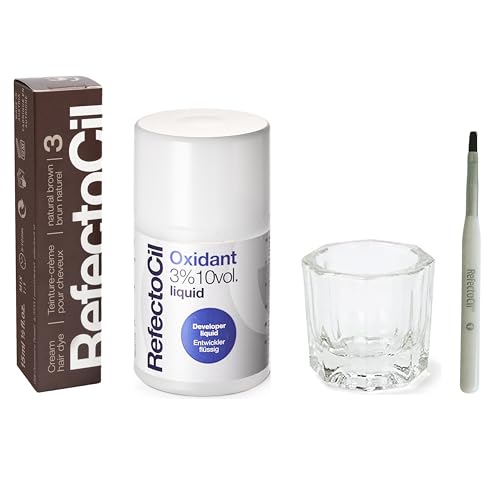 RefectoCil Hair Tinting Kit – Cream Dye + Liquid Developer + Mixing Brush #3 Natural Brown
