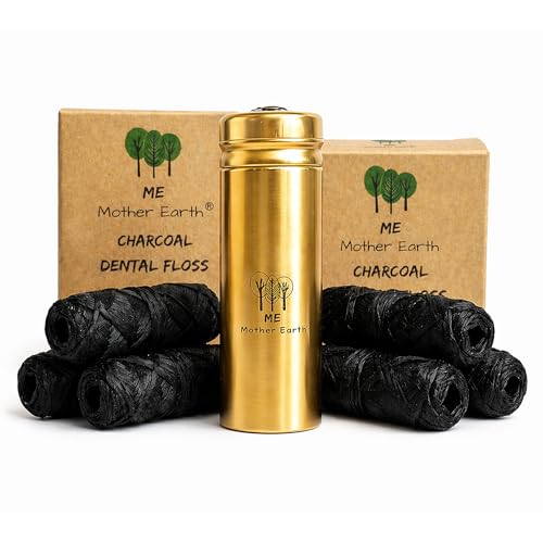 Vegan Bamboo Charcoal Dental Floss with Refillable Gold Stainless Steel Container with 30m x4 Refill | Peppermint Essential Oil | Eco Friendly Zero Waste Oral Care