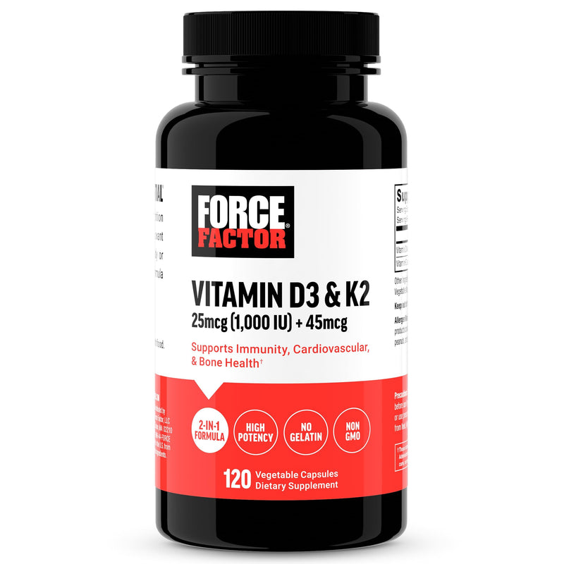 Force Factor Vitamin D3 K2 to Support Immune, Heart & Bone Health | High-Potency 2-in-1 Formula, Essential Vitamins & Minerals, Vegan, No Gelatin, Non-GMO, 120 Capsules