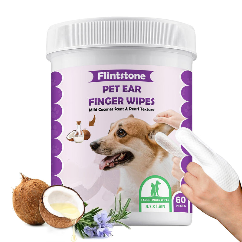 Flintstone Dog Ear Cleaner Finger Wipes – Ultra Big Dog Ear Wipes Gently Clean Ear Wax, Dirt - Ear Wipes for Dogs & Cats Soothes Ear Itching - Mild Coconut Scent - 60 Count - BeesActive Australia