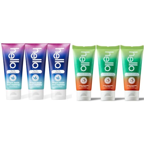 hello Dragon Dazzle Blue Raspberry and Mermaid Orange Dreamsicle Kids Toothpaste with Fluoride, Ages 2+, Pack of 3, 4.2 OZ Tubes (6 Total)