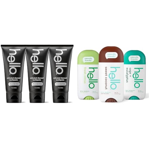 Hello Activated Charcoal Toothpaste 3 Pack and Hello Deodorant Variety Pack with Sweet Coconut, Fresh Citrus, White Sage Eucalyptus, 3 Pack