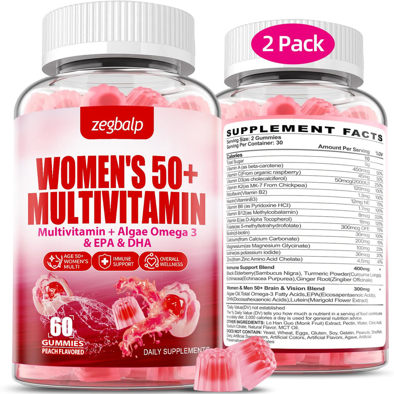 Womens Multivitamin 50 Plus Gummies - Methylated Multivitamins Gummy | with Vitamin A C D3 E K2, B Complex, Calcium, Magnesium, Zinc, Folate, Biotin - Multi Vitamins & Minerals - Sugar-Free Peach 60 Count (Pack of 2)