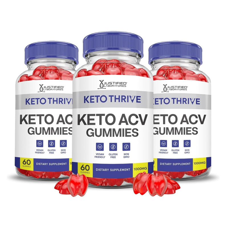 Justified Laboratories Keto Thrive Keto ACV Gummies (1000 mg) - 60 Count, Pack of 3 - Formulated with Apple Cider Vinegar, Folate & Vitamin B12 - Non-GMO, Vegan, Gluten Free - 90 Servings 60 Count (Pack of 3)