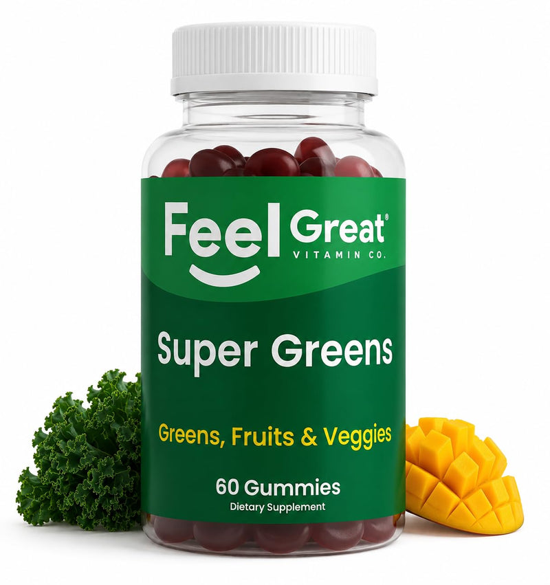 Feel Great Super Greens Gummies for Adults, Spirulina & Spinach Blend, 60ct | Spirulina, Chlorella, Spinach, Kale & Elderberry Blend, Watermelon Flavor, Immune Support for Adults