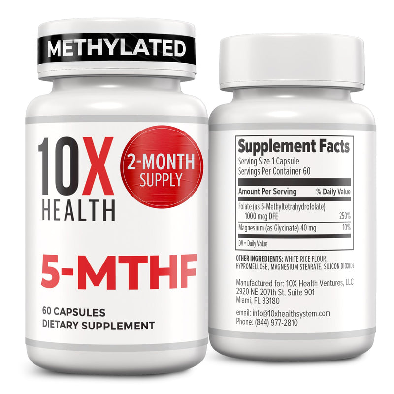 10X Health 5 Mthf - 60 Capsules | L Methylfolate: Methylated Folate & Magnesium, Brain & DNA Support, Bioavailable