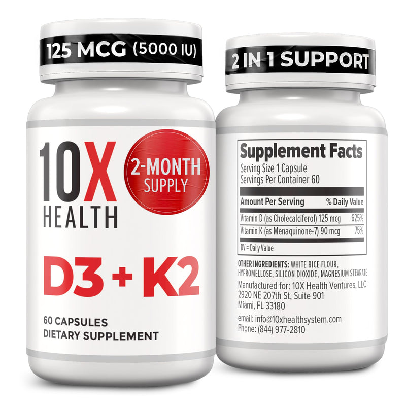 10X Health Vitamin D3 K2-60 Capsules | Vitamin K2 Mk7: 5000 IU Vitamin D3, Bone, Heart & Teeth Support, 60 Capsules 60 Count (Pack of 1)