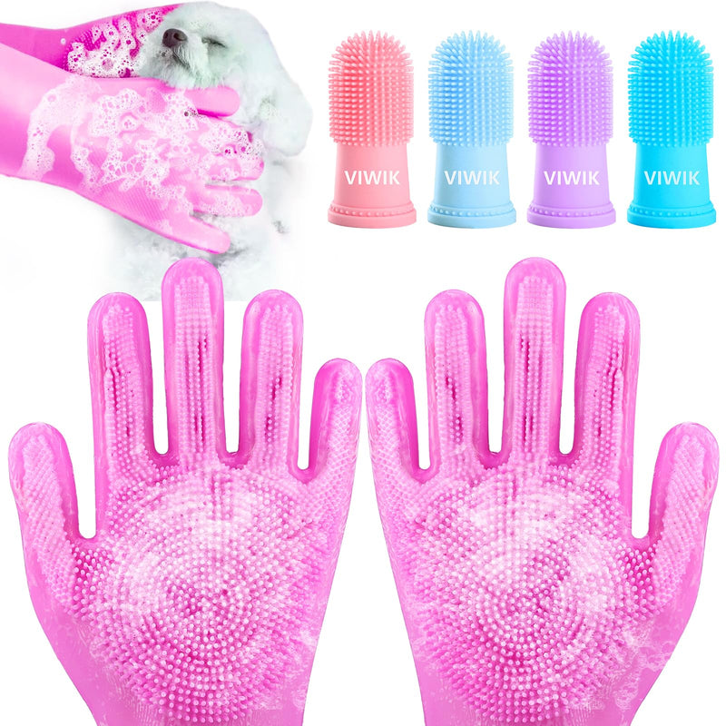 VIWIK Dog Bath Gloves with 4Pack Dog Toothbrush, Dog Grooming Kit, Dog Finger Toothbrush for Small Breed, Medium Large Dogs, Silicone Dog Washing Gloves with High-Density Teeth, Pink - BeesActive Australia