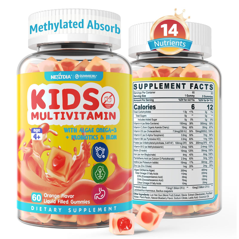 Kids Multivitamin Gummies with Iron, Sugar Free Kids 4+ Methylated Vitamins | Daily Vitamins + Algae Omega 3(DHA & EPA), Probiotics, D3, MethylFolate, B12, B6, Zinc, Biotin, Healthy Growth, Immune, 60 Ct 60 Count (Pack of 1)