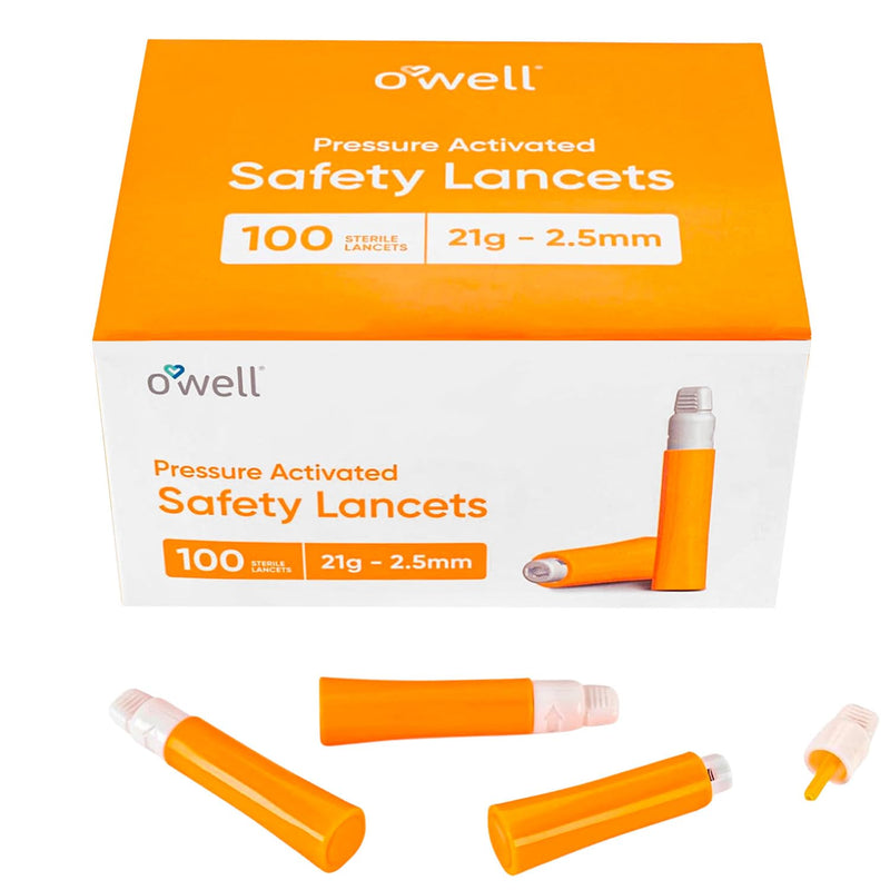 OWELL¬Æ Safety Lancets 21G x 2.5mm ‚Äì 100 Count | Extra Blood Flow for Thick Skin | Sterile, Preloaded, Medical-Grade, Pressure Activated for Diabetic Glucose Testing 21 Gauge x 2.5mm