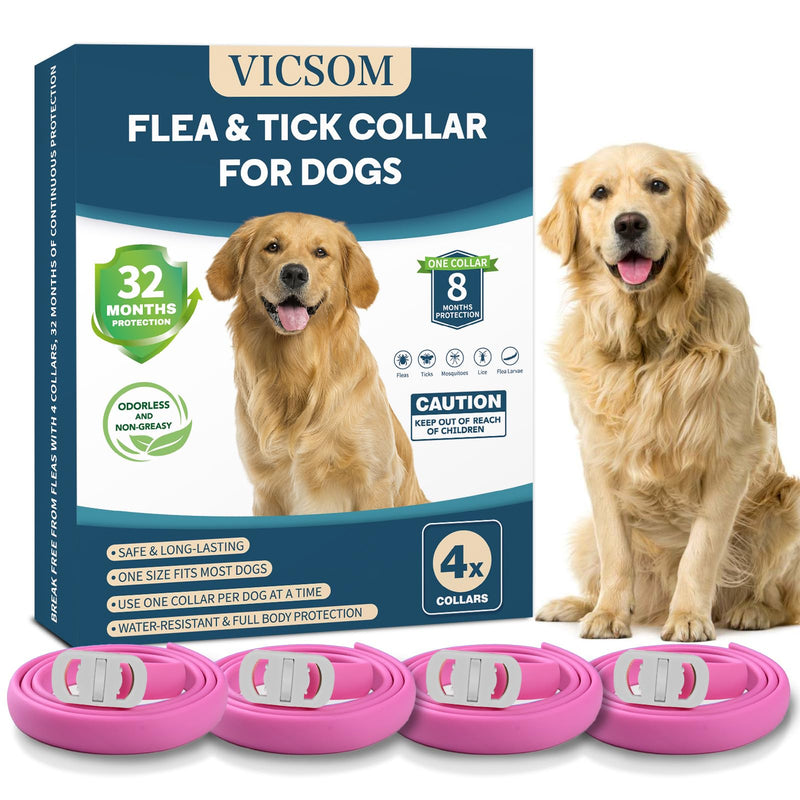 VICSOM 4 Pack Flea Collar for Dogs, Flea and Tick Collar for Dogs, 32 Months Flea and Tick Prevention for Dogs, Dog Flea and Tick Treatment, Water-Resistant & Adjustable Dog Flea Collar - Pink - BeesActive Australia