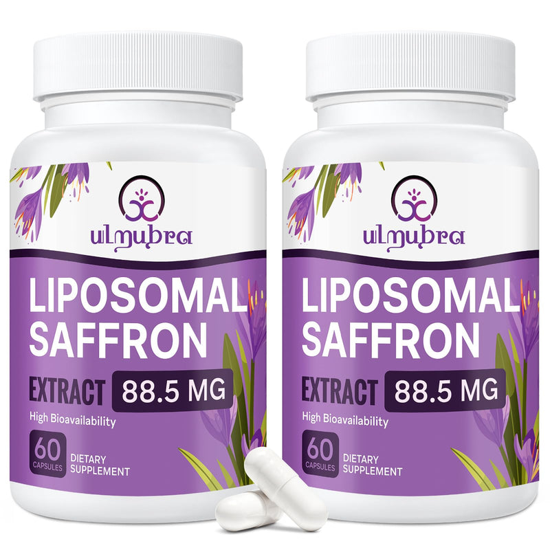 Liposomal Saffron Supplements 88.5 mg, Maximum Absorption, 100% Pure Saffron Extract Capsules for Mood, Energy, Vision & Focus - 120 Vegan Capsules 60 Count(Pack of 2)